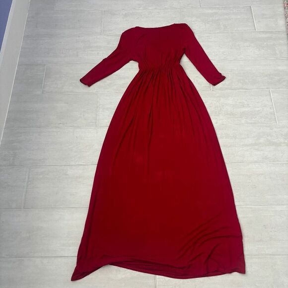 Mother Bee Maternity V-Neck 3/4 Sleeve Ruched Red Expecting Mother Maxi Dress - Picture 2 of 8